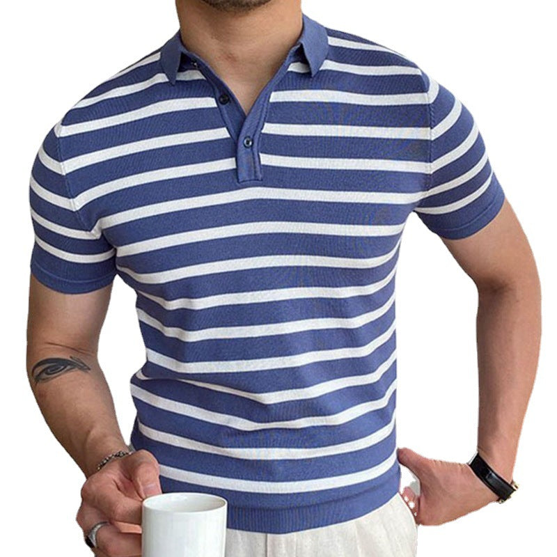 Men's Blue Striped Polo Shirt In 100% Viscose Fabric For Smart Casual Office Wear Breathable Fit Everyday
