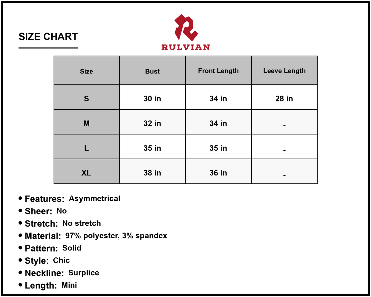 Size Chart - Women's Asymmetrical Surplice Puff Sleeve Mini Dress with Long Puff Sleeves and A Line Hem 97% Polyester 3% Spandex