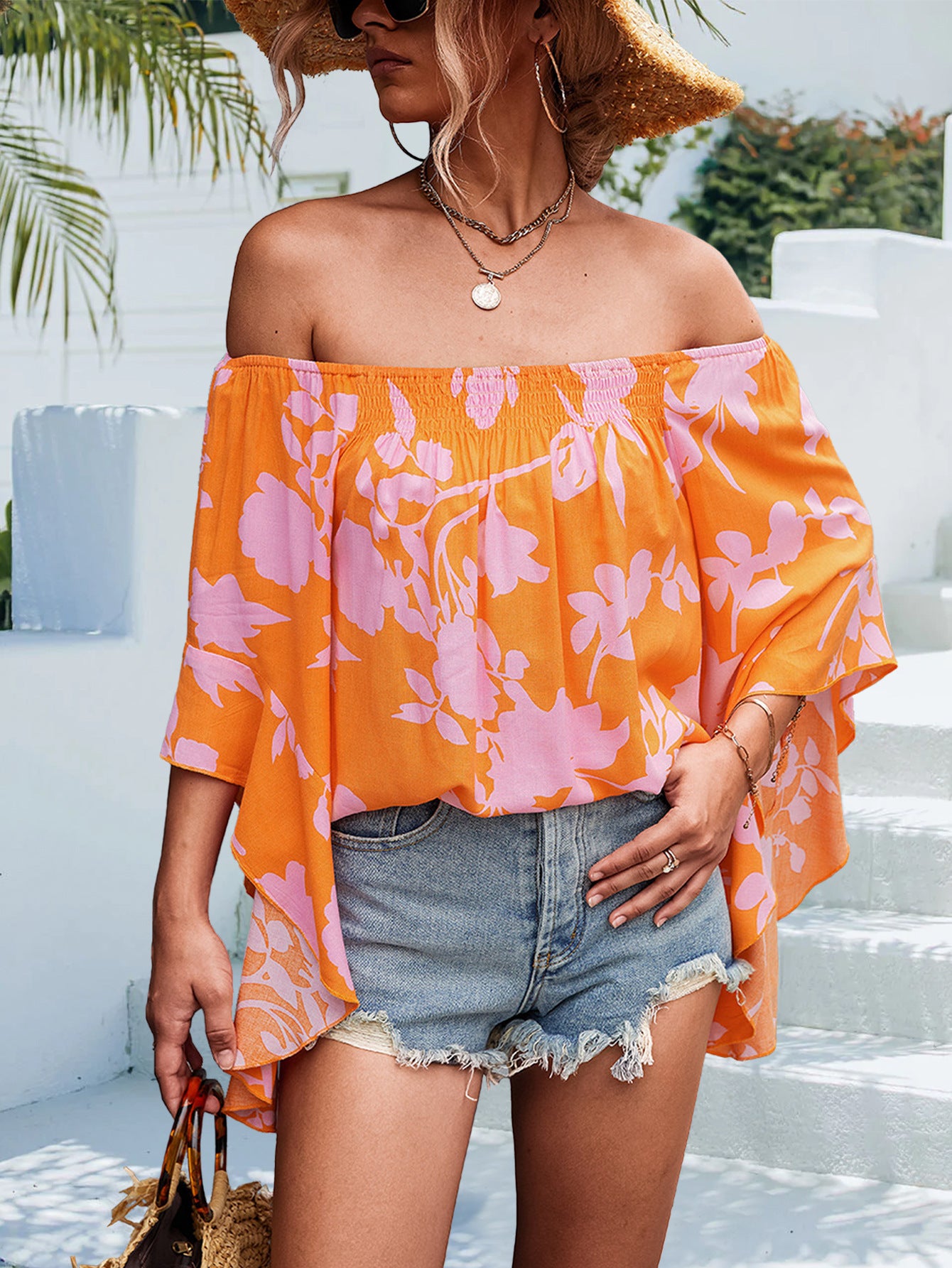 Women's Yellow Orange Printed Flared Sleeve Top 100% Polyester Fiber Loose Fit Casual Blouse Versatile Wear