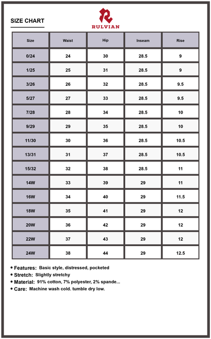 Size Chart - Women's Mid Waist Distressed Slim Fit Denim Jeans Premium Quality Trendy Casual Everyday Wear with Functional Pockets Versatile