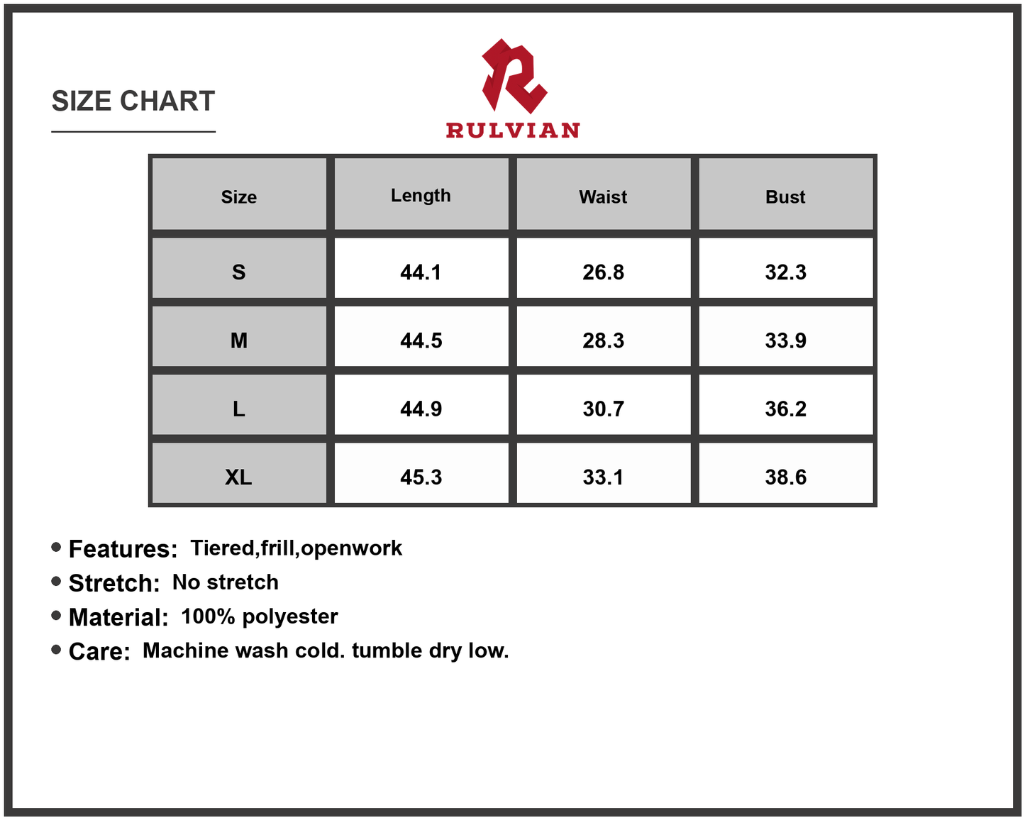 Size Chart - Women's Tiered Midi Dress with Lace Trim Details 100% Polyester Fabric for a Soft Elegant Everyday Look Casual to Dressy