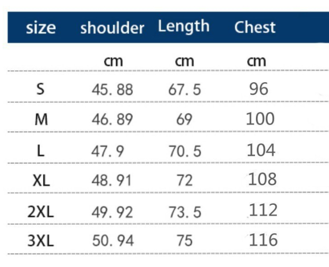 Size Chart - Men's Short Sleeved Zipper Polyester