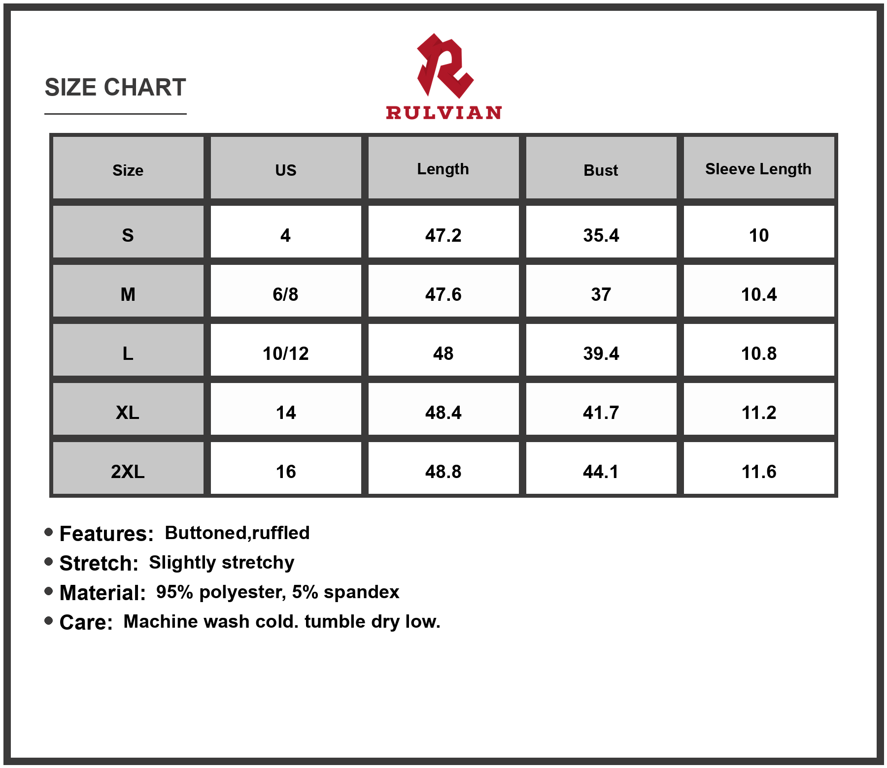 Size Chart - Women's Eyelet Button Front V Neck Midi Dress Sage Green Puff Sleeves Flowy Waist 95% Polyester 5% Spandex Breathable
