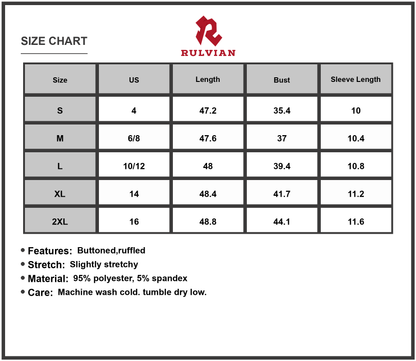 Size Chart - Women's Eyelet Button Front V Neck Midi Dress Sage Green Puff Sleeves Flowy Waist 95% Polyester 5% Spandex Breathable
