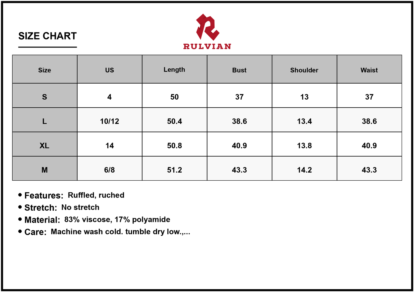 Size Chart - Men's Ruffled Printed V Neck Cap Sleeve Dress Ruched Bodice soft viscose % eighty three and polyamide % seventeen