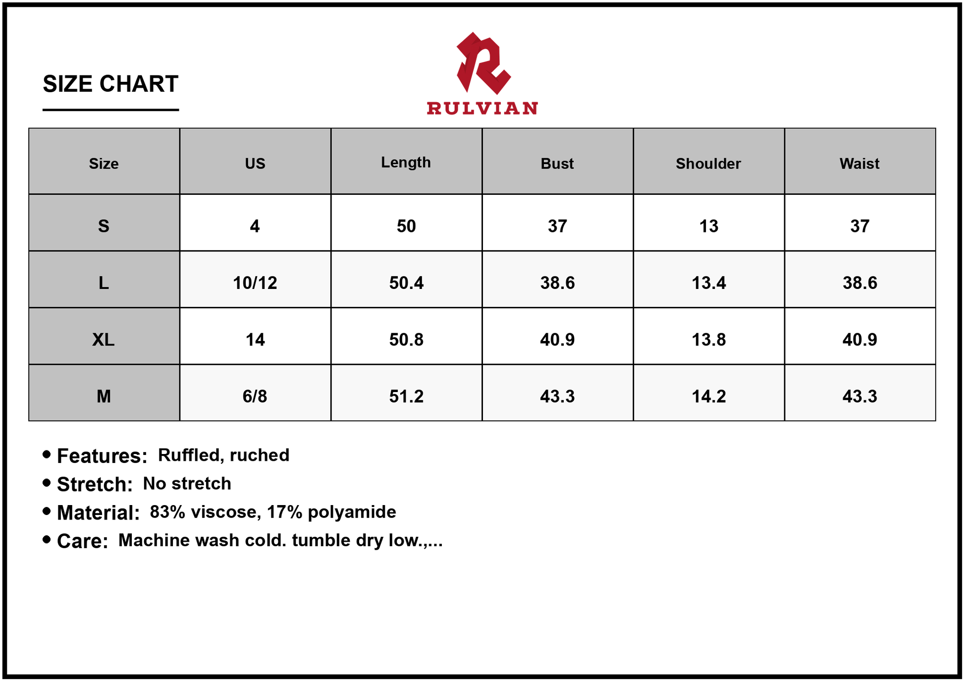 Size Chart - Men's Ruffled Printed V Neck Cap Sleeve Dress Ruched Bodice soft viscose % eighty three and polyamide % seventeen