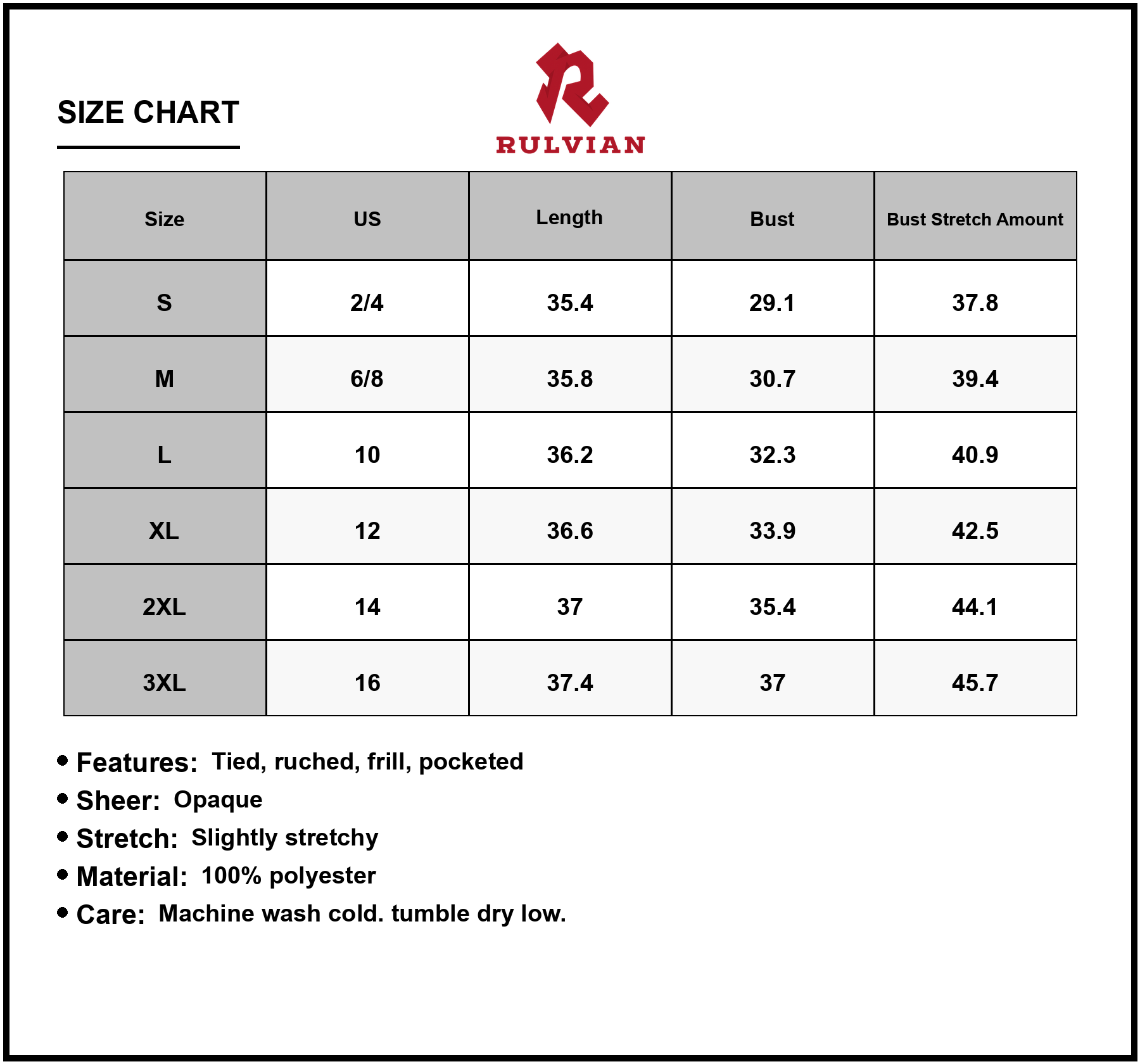 Size Chart - Women's Frill Pocketed Square Neck Wide Strap Dress with Tied Ruched Details and Opaque Stretch for Everyday Wear 100%