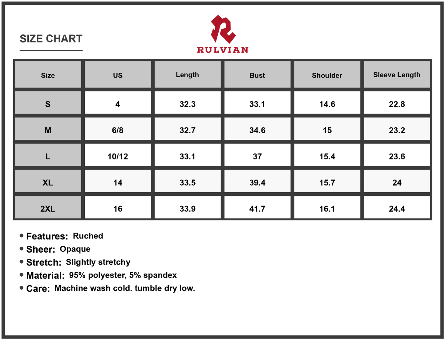 Size Chart - Women's Ruched Plunge Long Sleeve Wrap Dress with Sheer Overlay and Figure Enhancing Fit 95% Polyester 5% Spandex