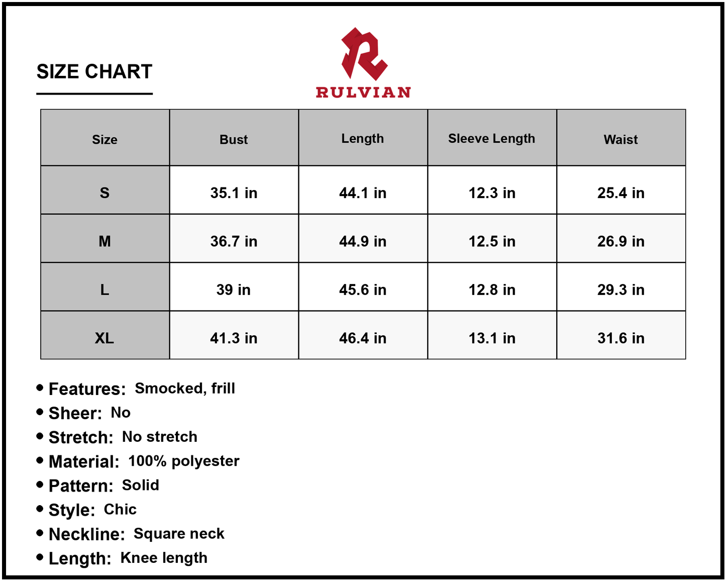 Size Chart - Women's Square Neck Puff Sleeve Cutout Dress 100% Polyester Knee Length Smocked Frill Neckline A Line Style Look