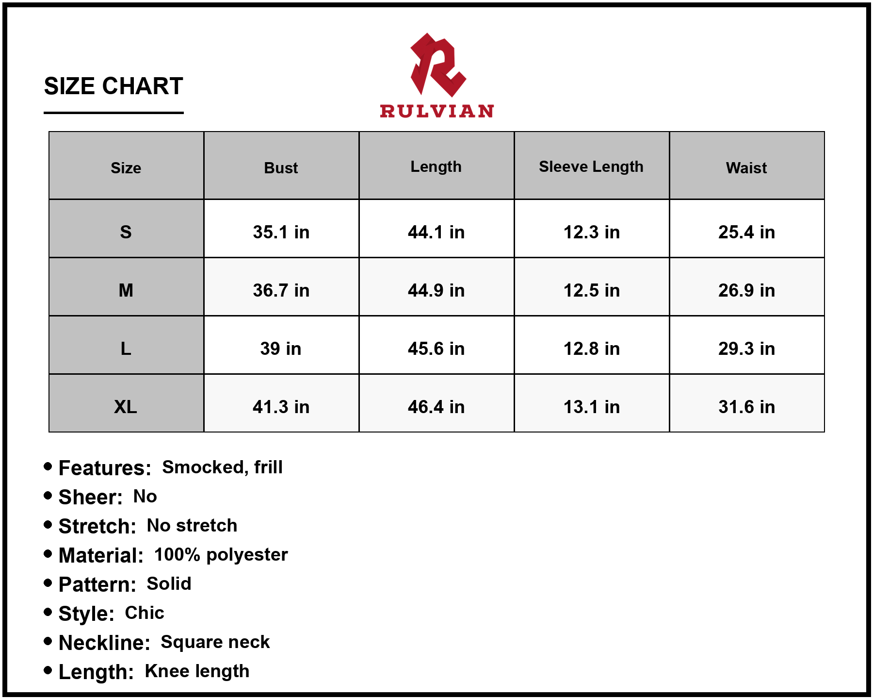 Size Chart - Women's Square Neck Puff Sleeve Cutout Dress 100% Polyester Knee Length Smocked Frill Neckline A Line Style Look