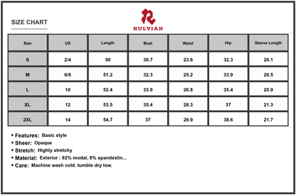 Size Chart - Women's Basic Built In Shapewear Square Neck Long Sleeve Maxi Dress 92% modal 8% spandex 62% polyamide 38% elastane