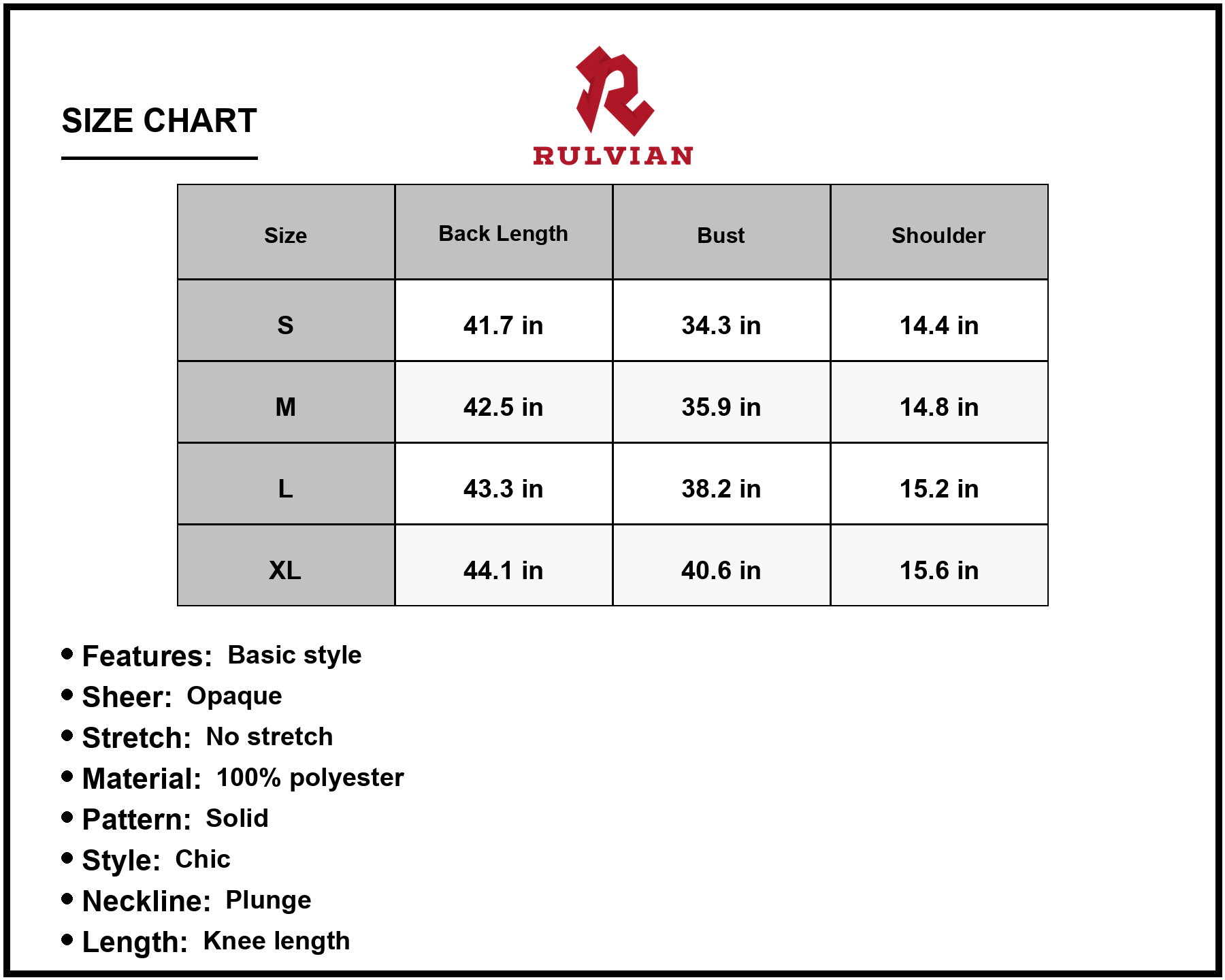 Size Chart - Women's Deep V Sleeveless Tulip Hem Dress Solid Chic Knee Length for Everyday Wear one hundred percent polyester