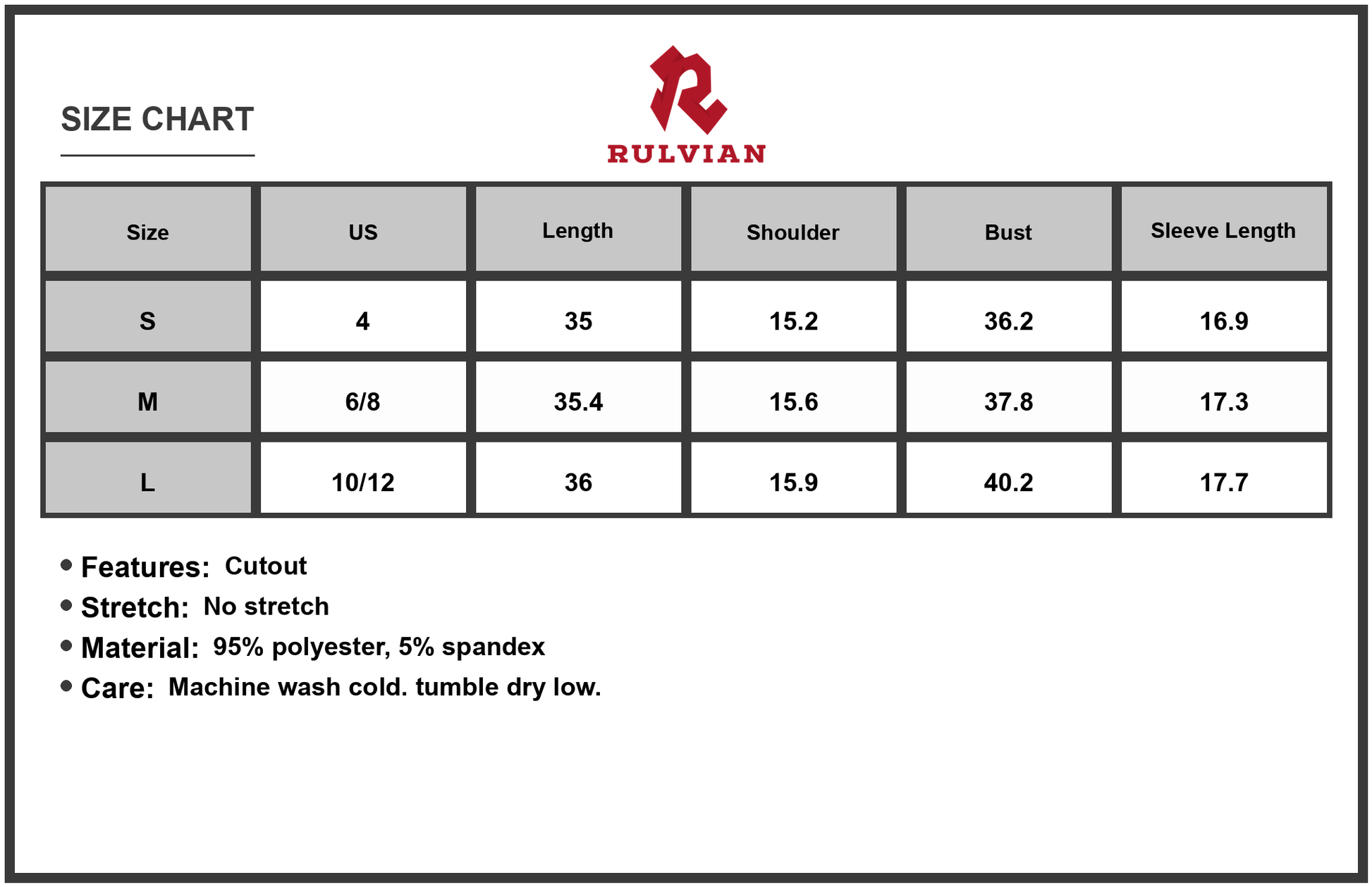 Size Chart - Women's Cutout V Neck Three Quarter Sleeve Mini Dress with 95% polyester and 5% spandex for flattering silhouette
