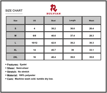 Size Chart - Womens Eyelet Notched Short Sleeve Mini Dress with Semi Sheer Body Not Lined 100% Polyester Easy Care Machine Wash