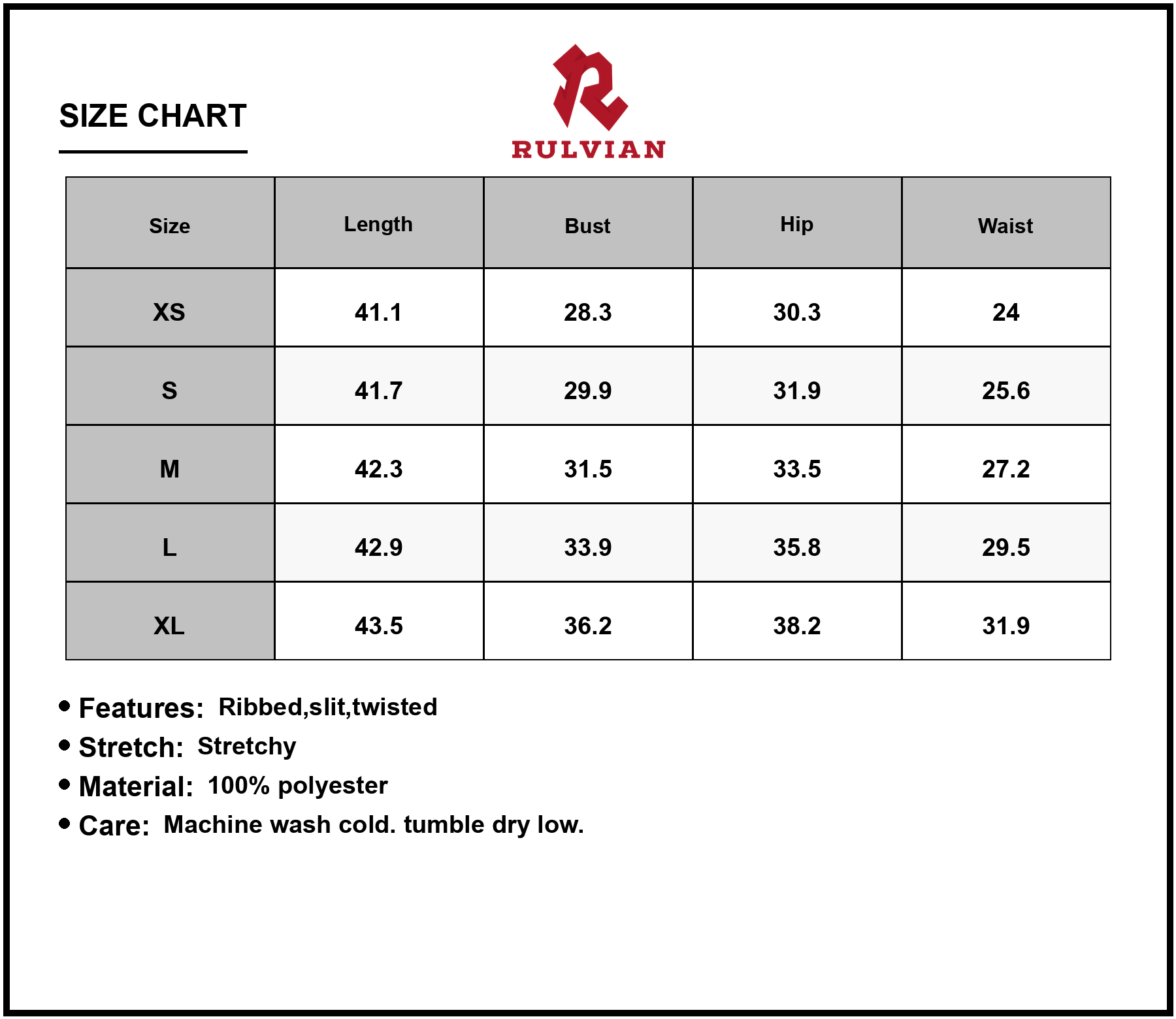 Size Chart - Women's Ribbed Wrap Midi Dress with Side Slit 100% Polyester Twisted Detail Perfect for Day to Night Everyday Style