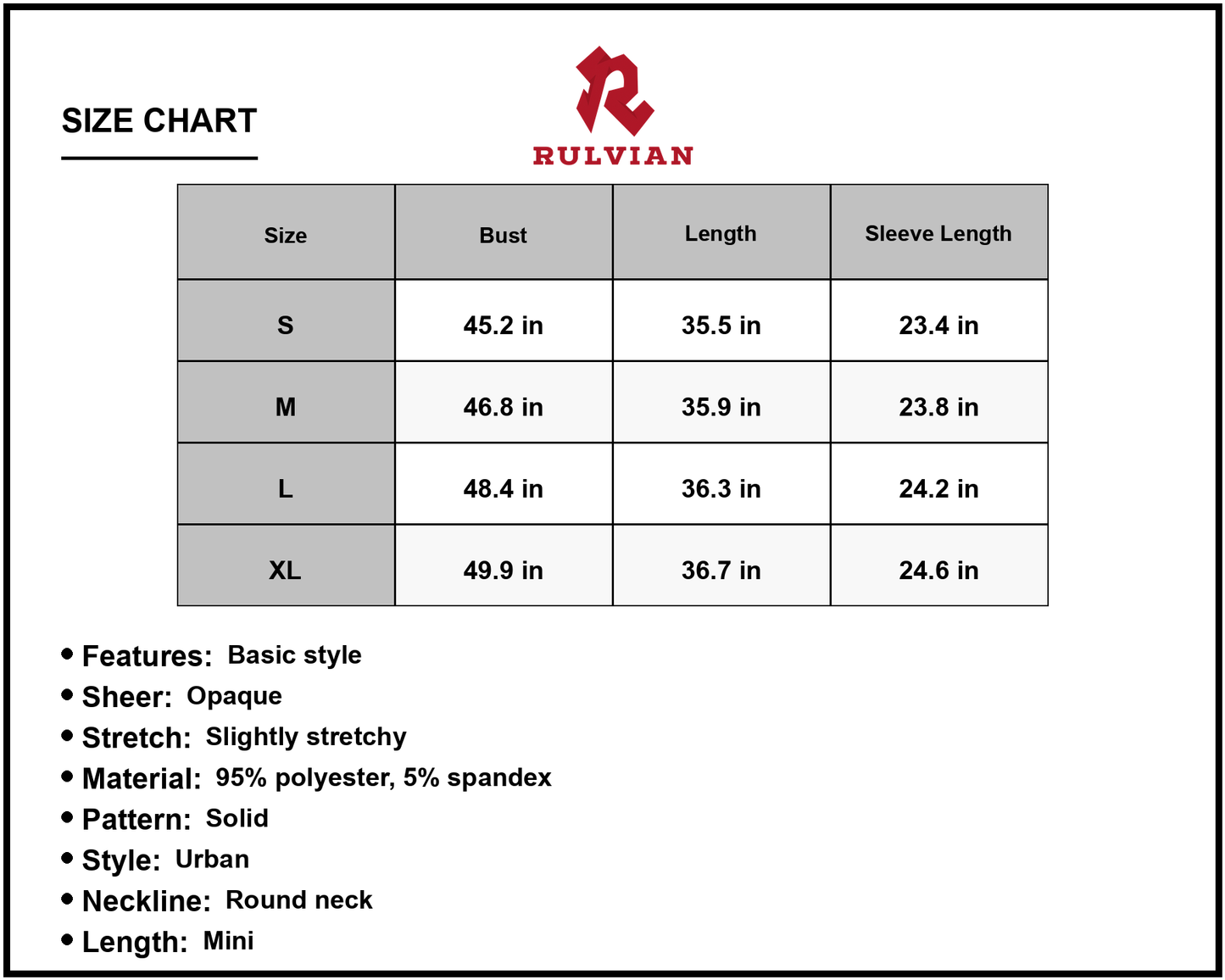 Size Chart - Women's Round Neck Long Sleeve Mini Dress Solid Ninety Five Percent Polyester and Five Percent Spandex for Daily Wear