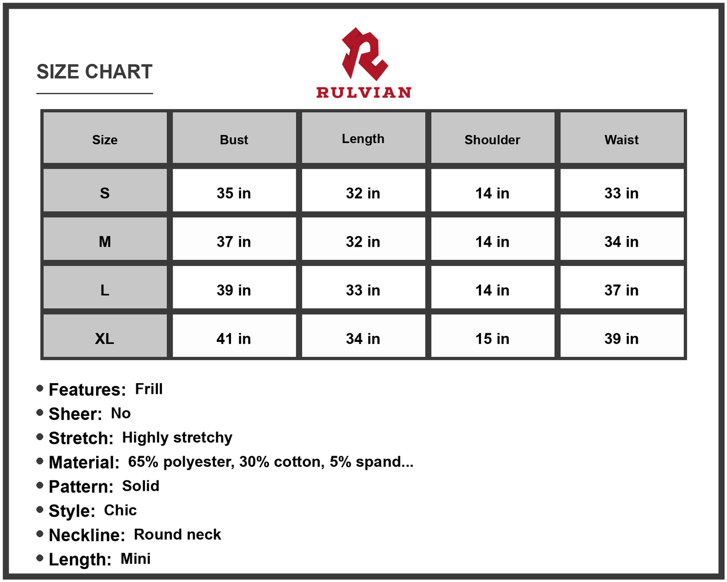 Size Chart - Women's Round Neck Butterfly Sleeve Dress with Pocket Chic Mini Look 65% Polyester 30% Cotton 5% Spandex for day wear
