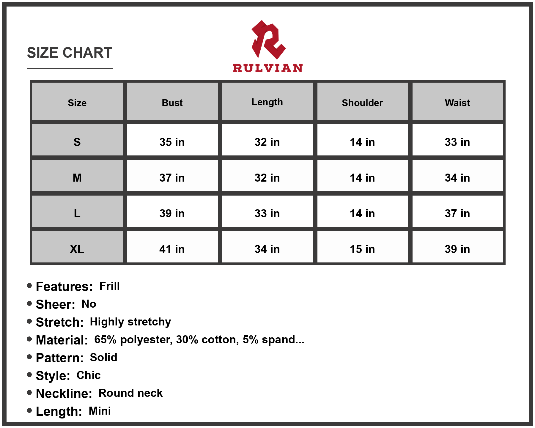Size Chart - Women's Round Neck Butterfly Sleeve Dress with Pocket Chic Mini Look 65% Polyester 30% Cotton 5% Spandex for day wear