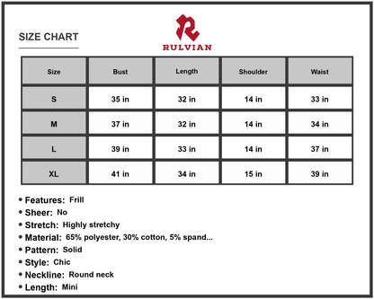 Size Chart - Women's Round Neck Butterfly Sleeve Dress with Pocket Chic Mini Look 65% Polyester 30% Cotton 5% Spandex for day wear