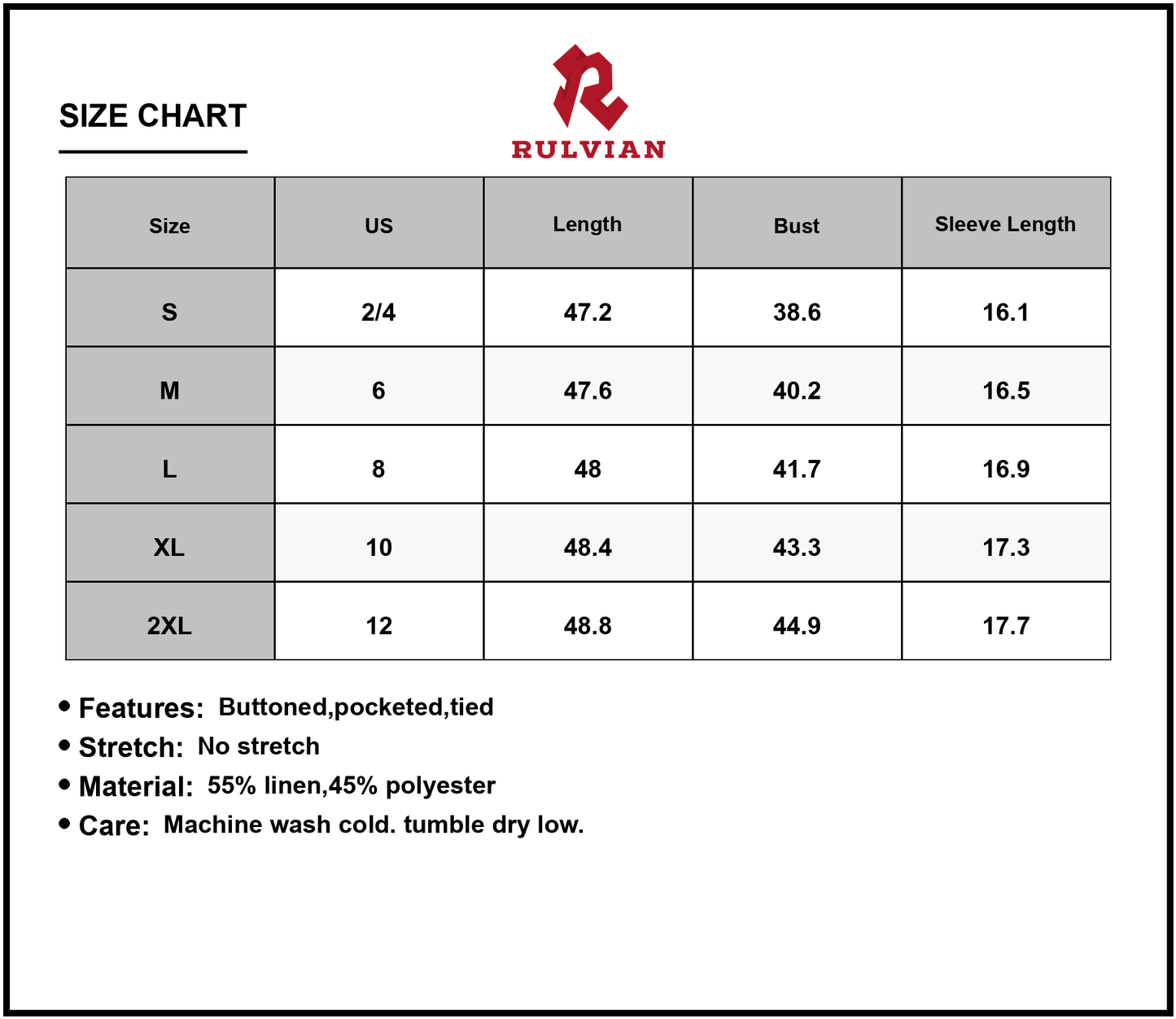 Size Chart - Women's Printed Button Up Midi Shirt Dress with Pockets and Tie Waist 55% Linen 45% Polyester Lightweight Breathable