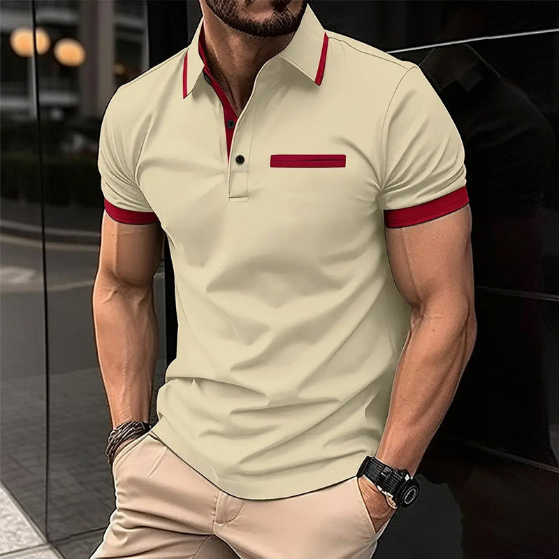 Men's Polo Shirt With Faux Chest Pocket And Lapel Button Short Sleeve Color Matching Polyester Blend Tee