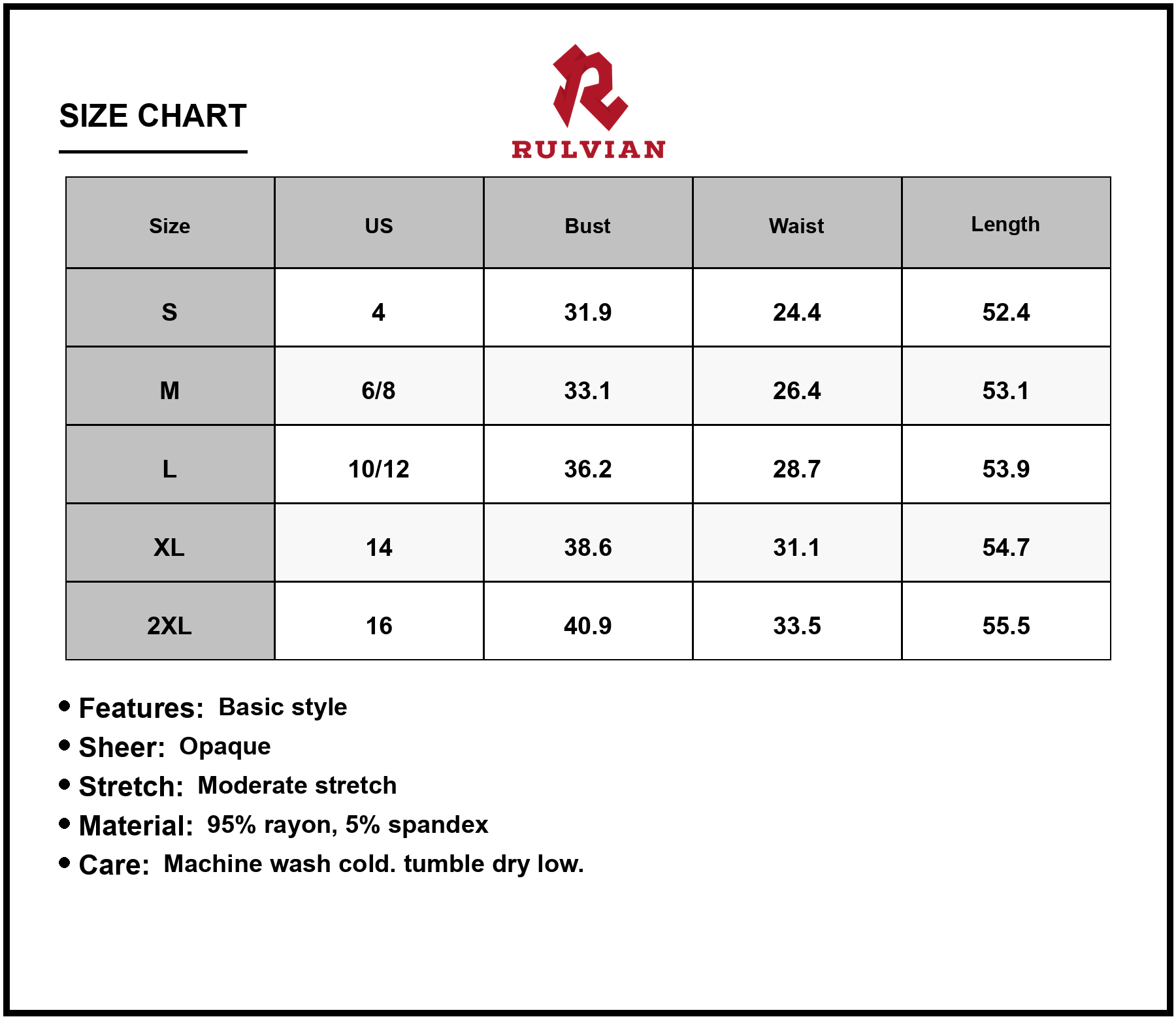 Size Chart - Women's Pocketed Round Neck Sleeveless Dress 95% Rayon 5% Spandex Comfortable Everyday Wear Easy Care Soft Stretch