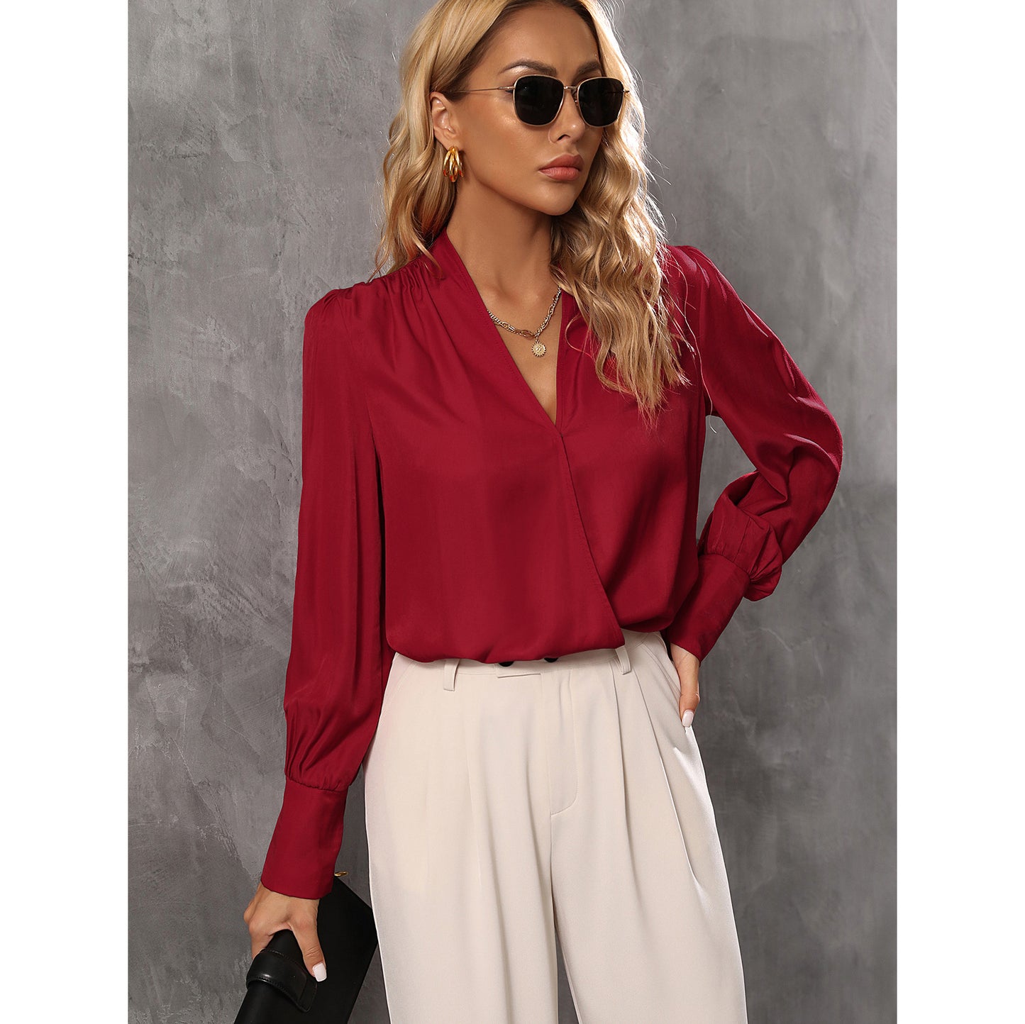 Women's Wine Red Slim Fit Long Sleeve Cardigan Top Made With Acrylic Fiber For Everyday Comfort And Style