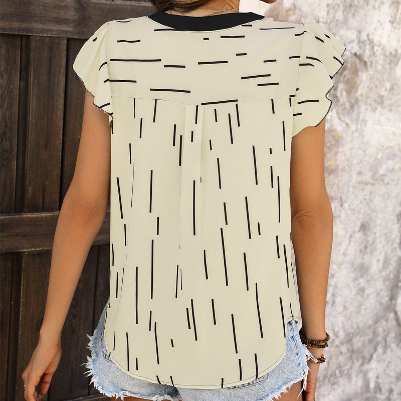 Men's Apricot Patchwork Summer Shirt With Stand Collar And Ruffled Lotus Leaf Sleeves Line Striped Polyester%