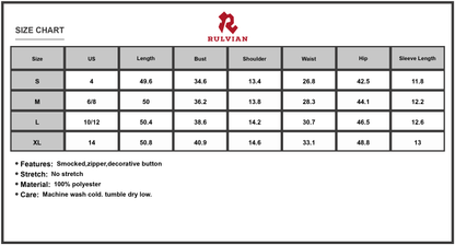Size Chart - Women's V-Neck Puff Short Sleeve Midi Dress with Smocked Bodice and Zipper Detail 100% Polyester Everyday Wear