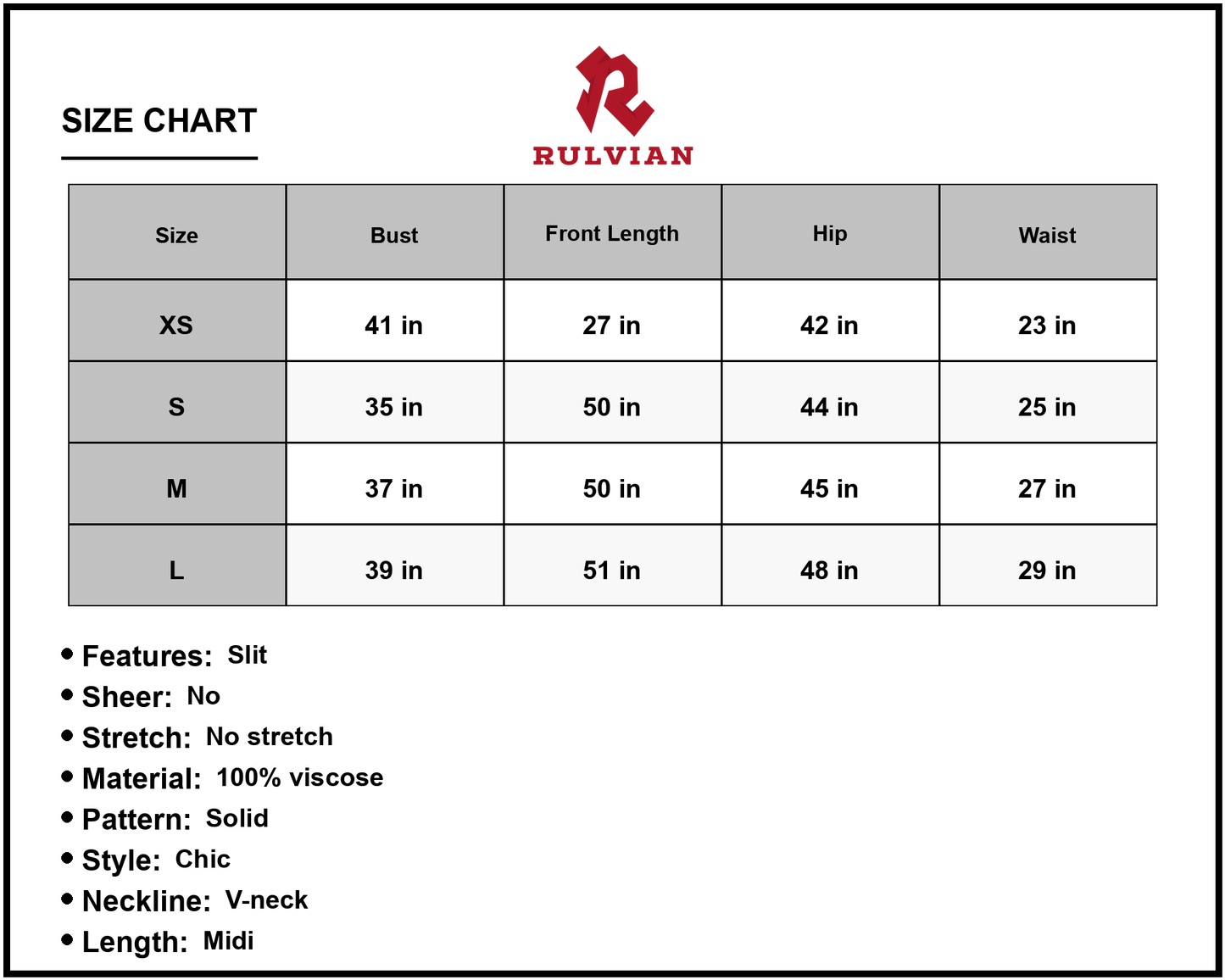 Size Chart - Womens Shiny Double Strap Side Slit Dress in viscose fabric one hundred percent with V neck Midi A line Sleeveless