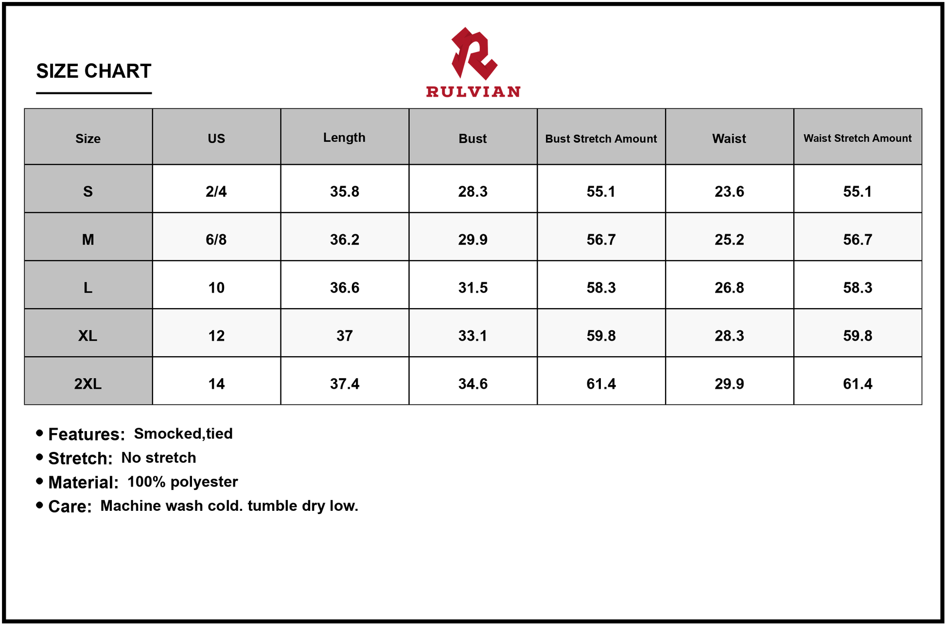 Size Chart - Women's Floral Smocked Bodice Tie Shoulder Summer Dress 100% Polyester Fabric Lightweight Breathable Everyday Wear
