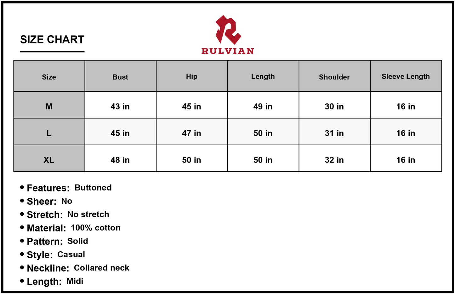 Size Chart - Men's Button Front Textured Slit Shirt Dress in Cotton Fabric 60% Cotton Midi Length Collared Neck Long Sleeve Casual