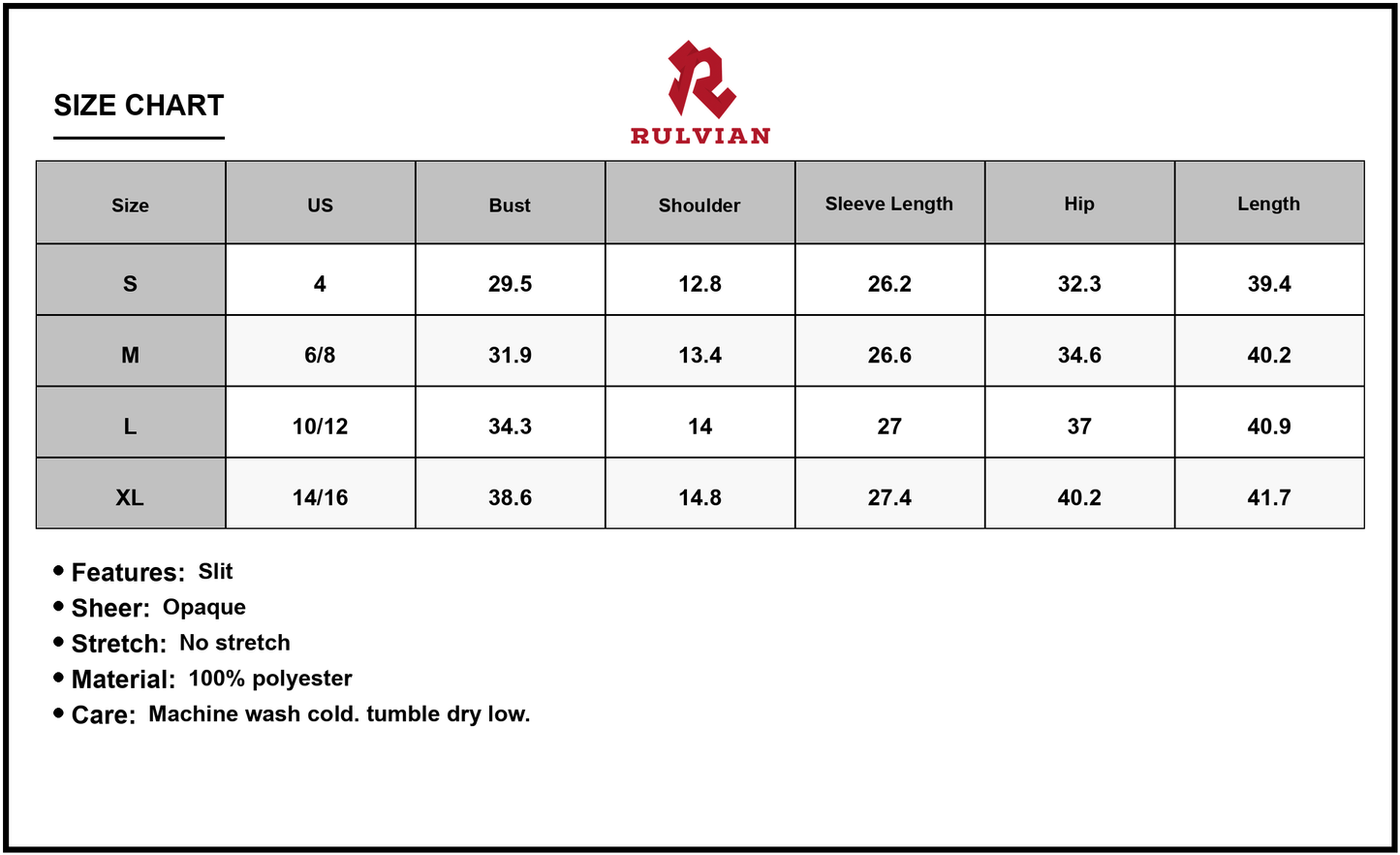 Size Chart - Women's Slit Round Neck Long Sleeve Mini Dress with 100% Polyester Fabric For Elegant Day Or Night Look Casual Style