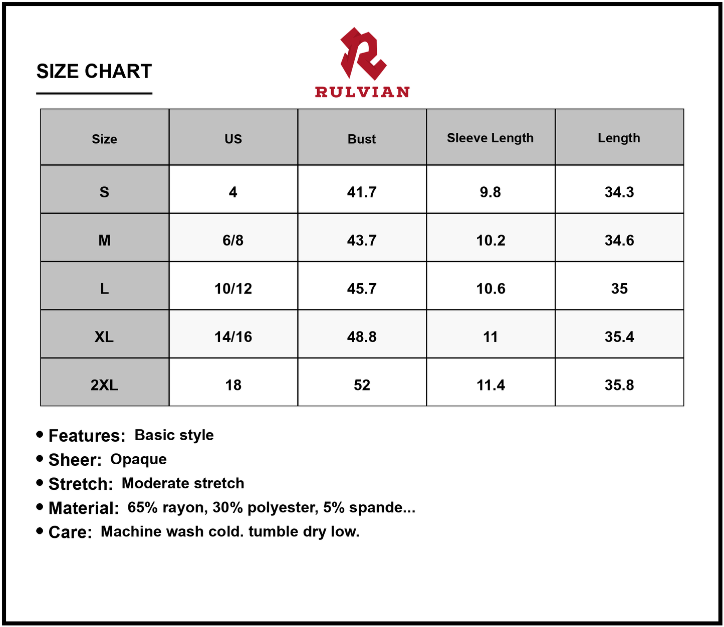 Size Chart - Women's Round Neck Short Sleeve Mini Dress 65% Rayon 30% Polyester 5% Spandex Lightweight Daytime Wear Daily Wear