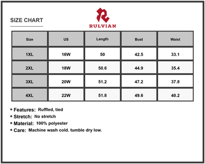 Size Chart - Women's Plus Size Ruffled Printed Sweetheart Neck Maxi Cami Dress 100% Polyester Elegant Silhouette Wear Casual