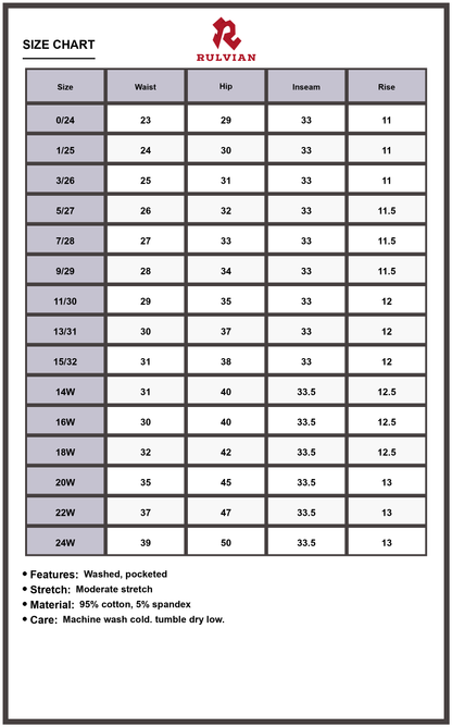 Size Chart - Women's Tummy Control High Waist Straight Leg Jeans Raw Hem Washed Pocketed Premium Flattering Denim for Versatile Everyday Wear