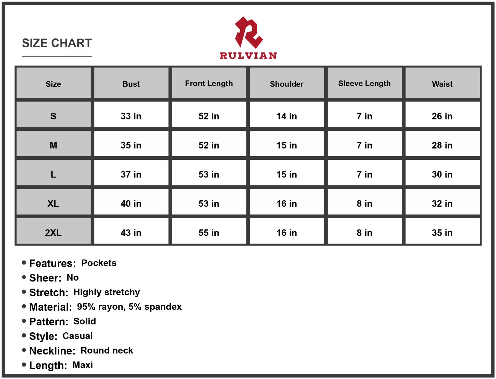 Size Chart - Women's Round Neck Maxi Dress with Pockets Soft Stretch Rayon Spandex 95% rayon 5% spandex Casual Everyday Comfort Wear