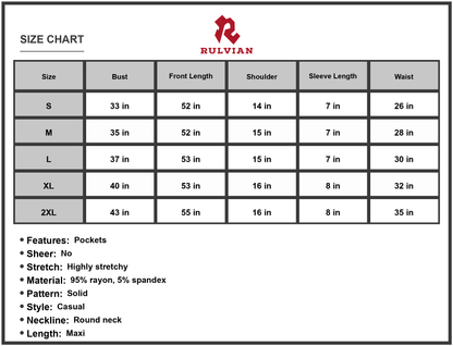 Size Chart - Women's Round Neck Maxi Dress with Pockets Soft Stretch Rayon Spandex 95% rayon 5% spandex Casual Everyday Comfort Wear