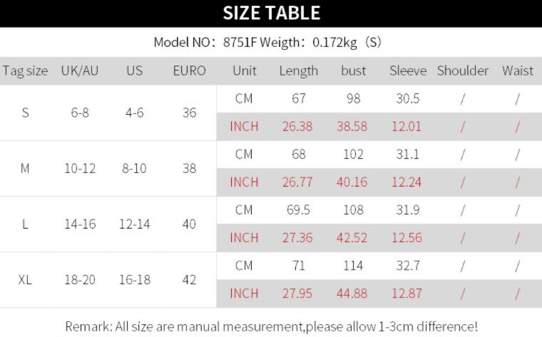 Size Chart - Casual Print Patchwork T-shirt Top Ladies