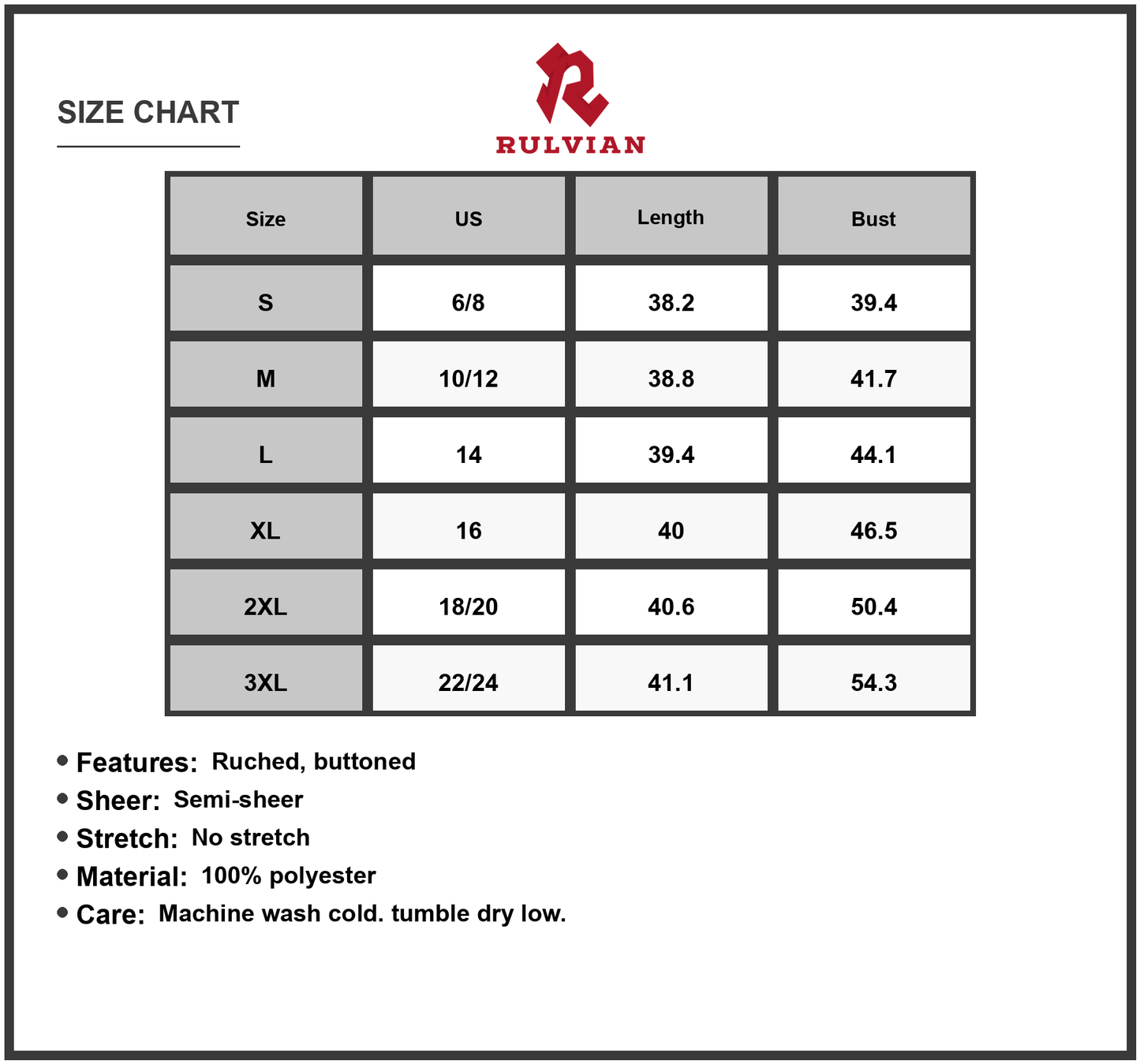 Size Chart - Women's Printed Dress with Drawstring Waist Long Sleeve Ruched Sheer Look Lined Everyday Wear 100% Polyester Fabric
