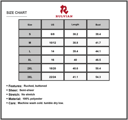 Size Chart - Women's Printed Dress with Drawstring Waist Long Sleeve Ruched Sheer Look Lined Everyday Wear 100% Polyester Fabric