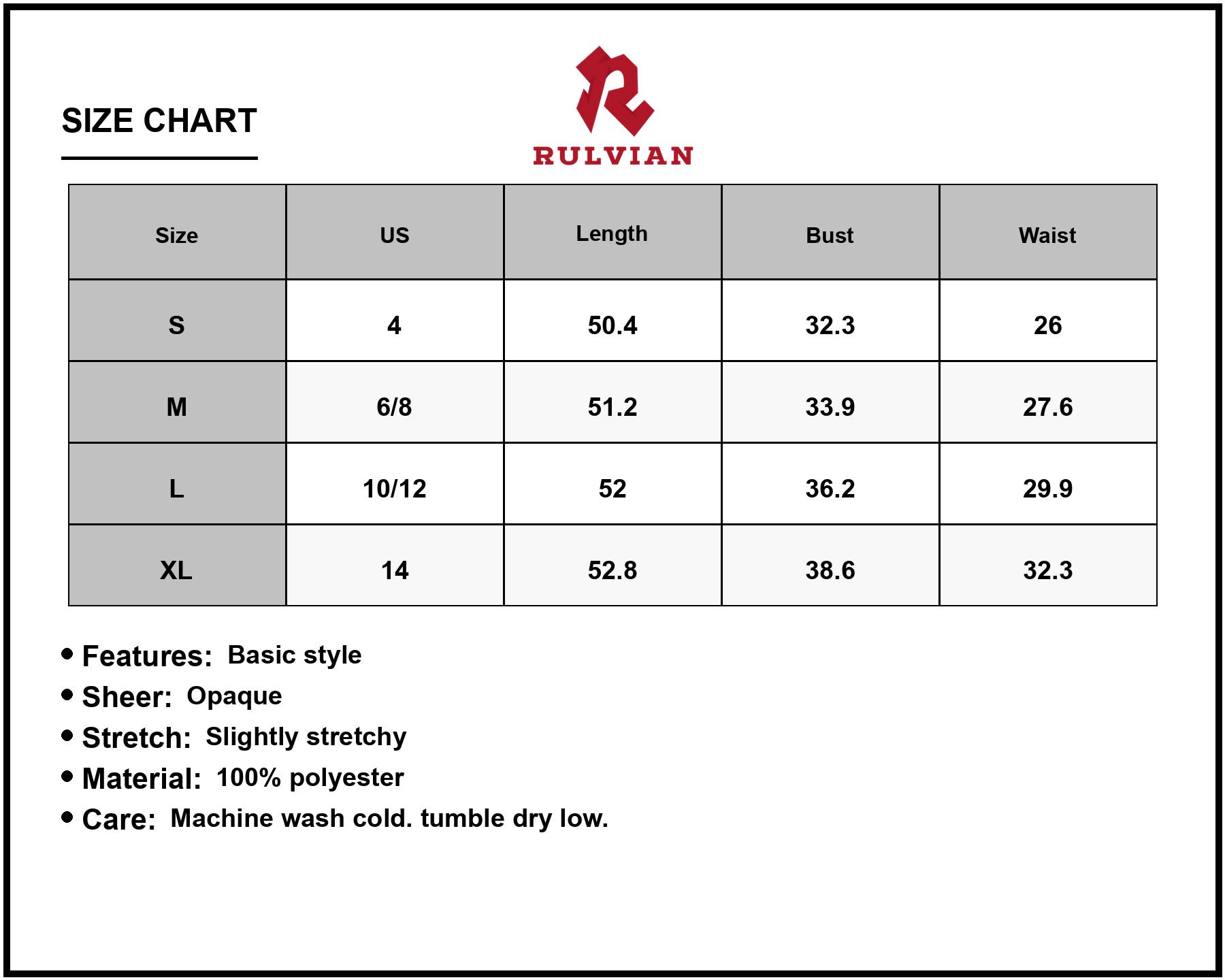 Size Chart - Women's V Neck Velvet Dress Long Sleeve With Stretch And Sheer Body 100% Polyester Fabric Luxurious Evening Attire