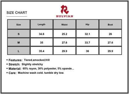 Size Chart - Women's Ruffled Hem Smocked Cami Dress With Tiered Frill Details 65% Rayon 30% Polyester 5% Spandex Machine Wash Cold