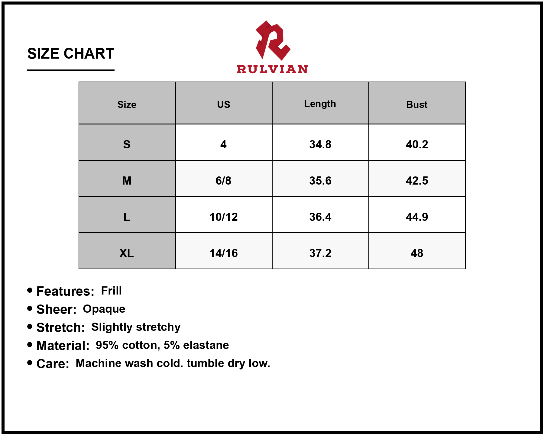Size Chart - Women's Frilled Trim Crew Neck Cap Sleeve Loose Fit Mini Dress for Everyday Wear 95% Cotton 5% Elastane Soft Stretch