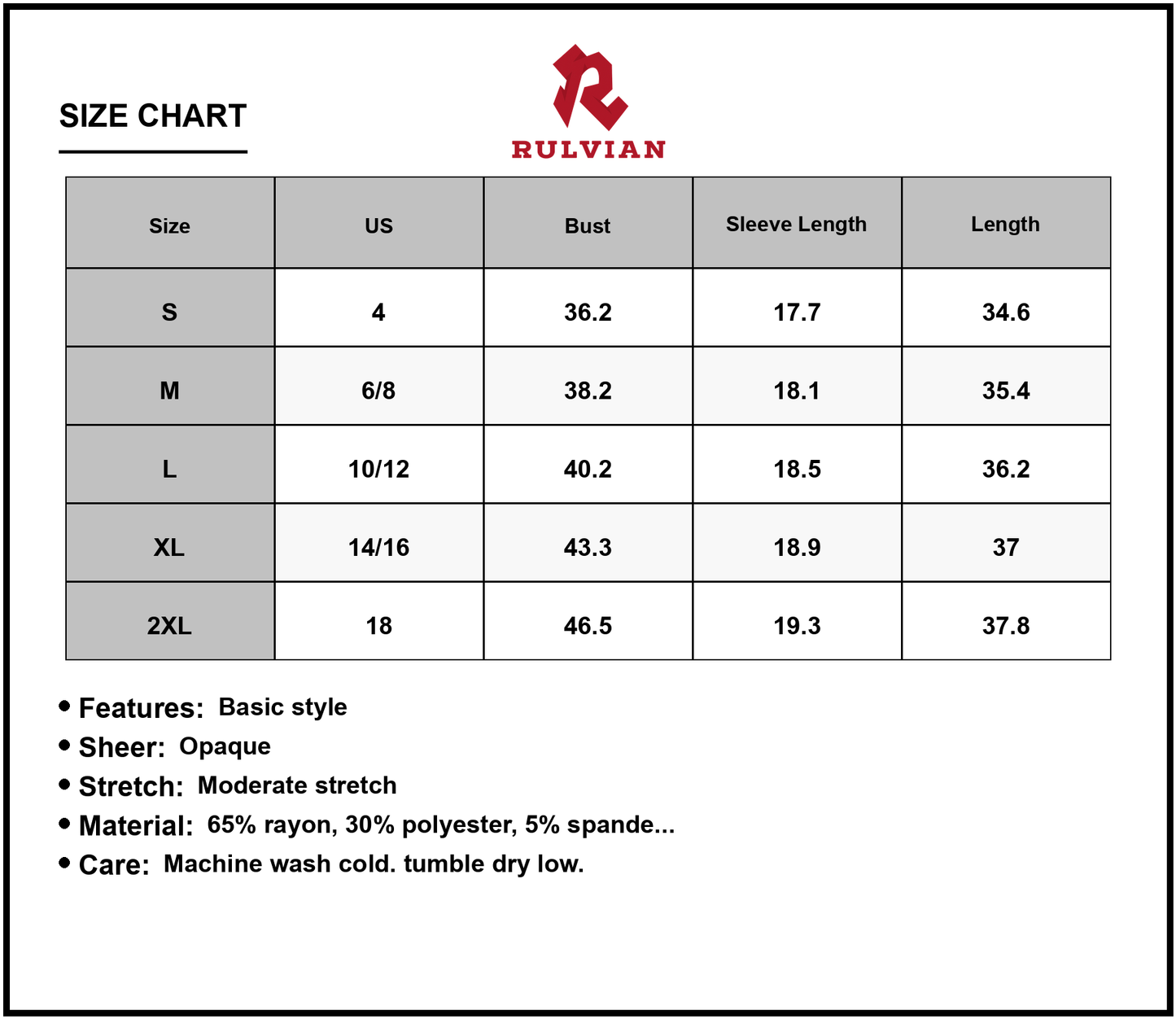 Size Chart - Women's Tiered Ruched V Neck Mini Dress with Opaque Stretch and Sheer Overlay 65% Rayon 30% Polyester 5% Spandex