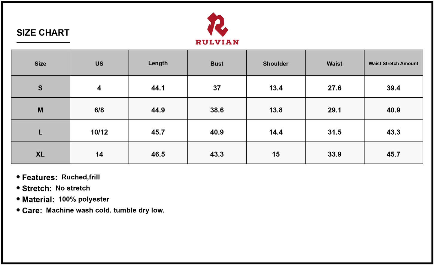 Size Chart - Women's Frill Tiered Midi Dress with Ruched Detail 100% Polyester Lightweight Everyday Evening Outfit for Parties