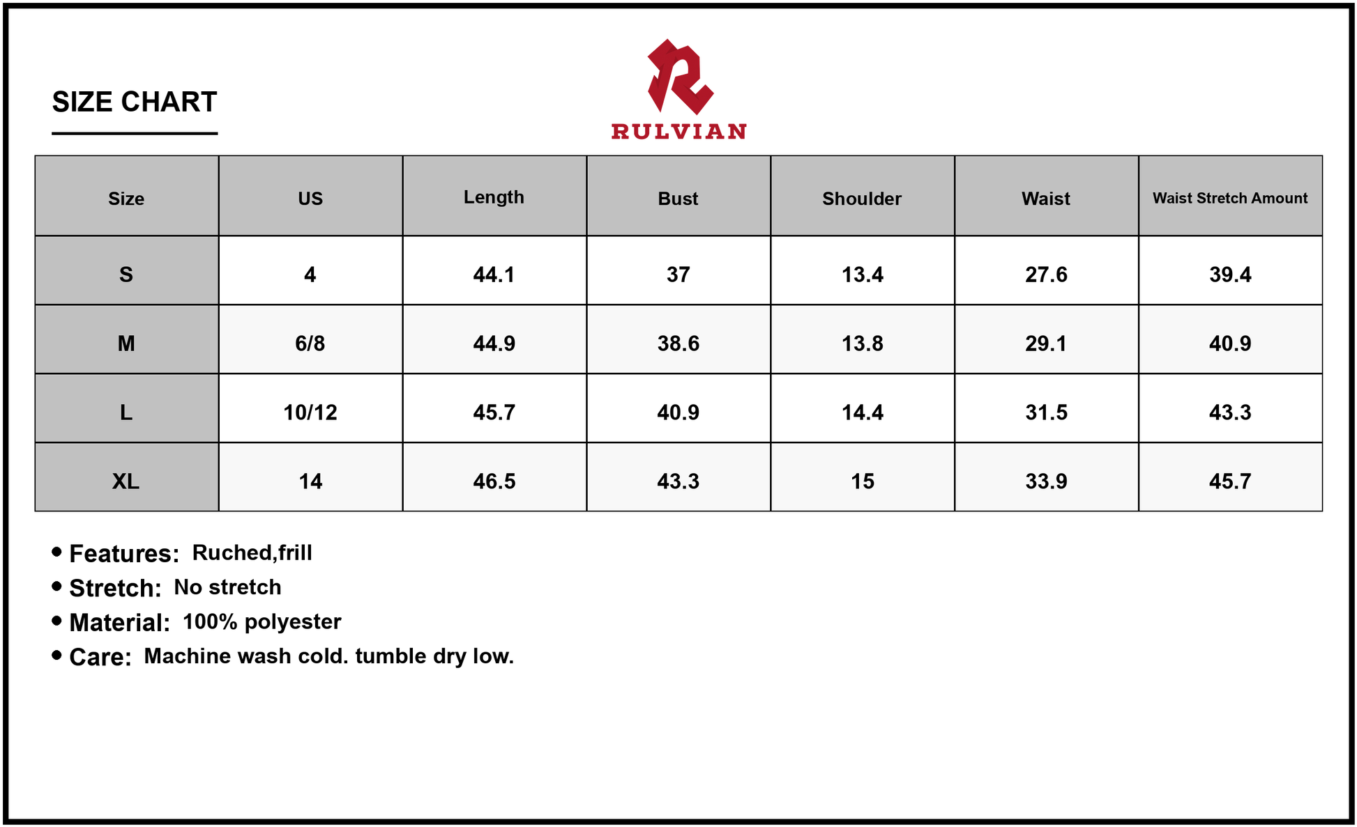 Size Chart - Women's Frill Tiered Midi Dress with Ruched Detail 100% Polyester Lightweight Everyday Evening Outfit for Parties
