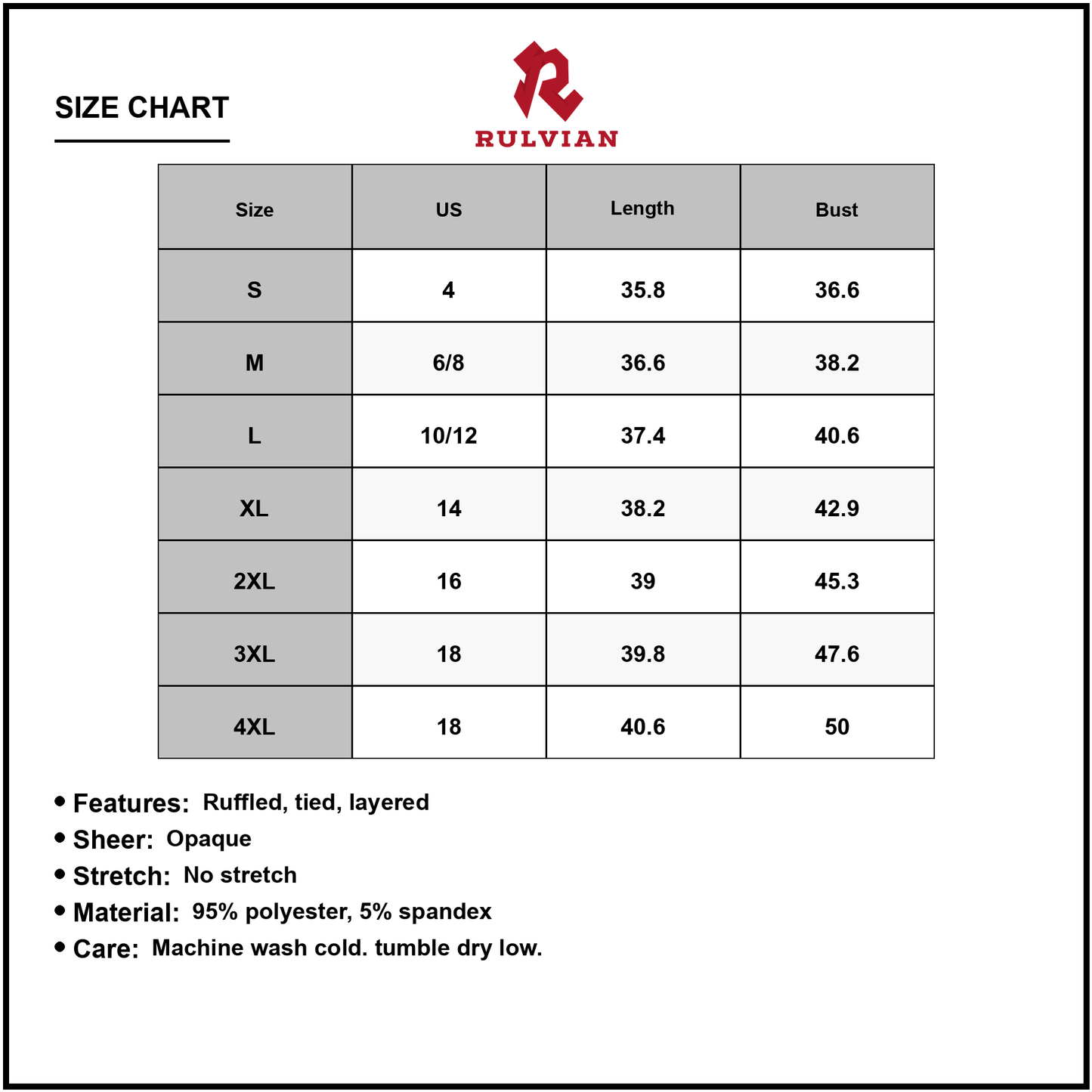 Size Chart - Women's Full Size Ruffled Mini Dress with Tie Front Sheer Overlay Ninety Five Percent Polyester Five Percent Spandex
