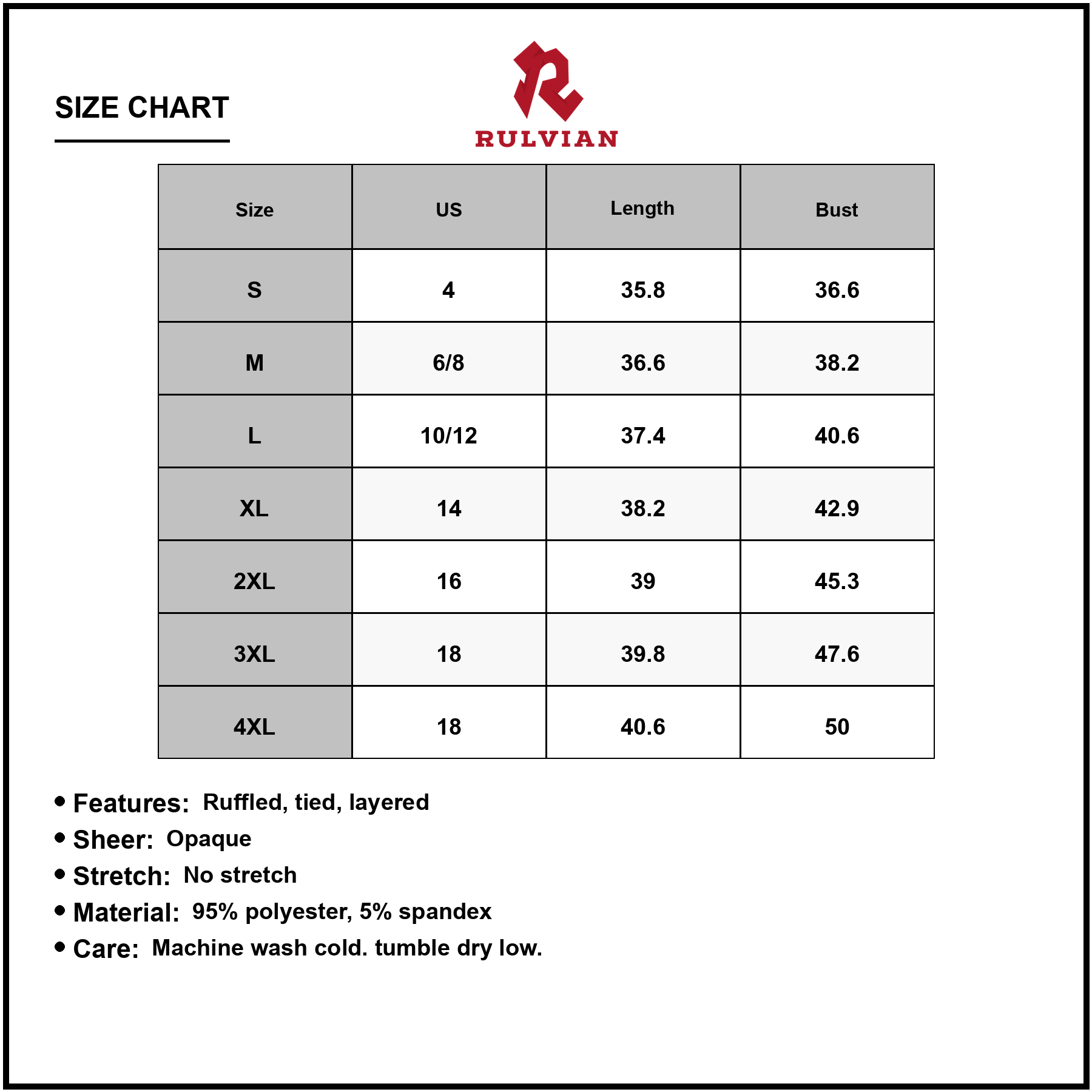 Size Chart - Women's Full Size Ruffled Mini Dress with Tie Front Sheer Overlay Ninety Five Percent Polyester Five Percent Spandex