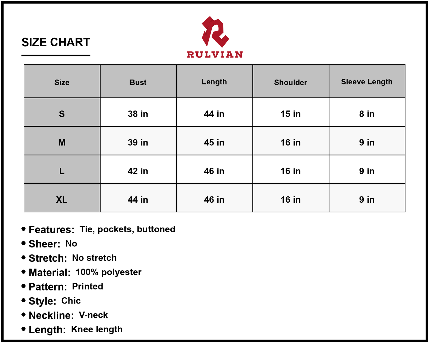 Size Chart - Women's Printed Buttoned V Neck Dress with Flutter Sleeve A Line Knee Length 100% Polyester Pockets with Tie Belt